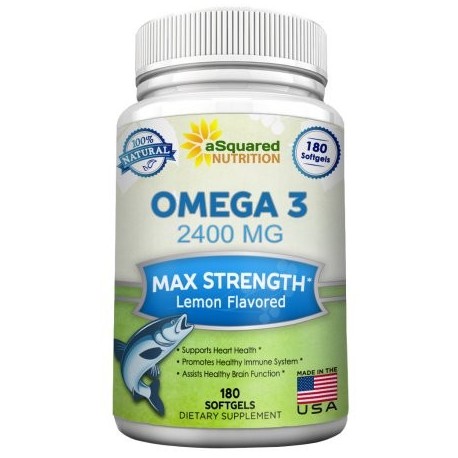 aSquared Nutrition Omega Suplemento 3 de aceite de pescado (180 Sabor Limón Softgels) 2400 mg Fuerza Max alta potencia EPA y DH