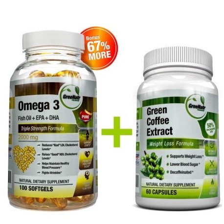 GreeNatr puro café verde extracto de frijol - Omega 3 píldoras de aceite de pescado - Paquete de Soporte colesterol