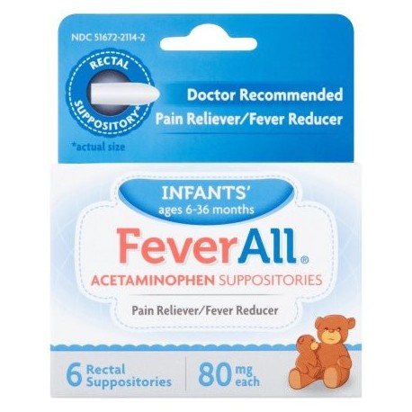 Fever All Acetaminofeno Supositorios Infants' Edades 6-36 meses 80 mg 6 recuento