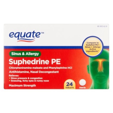 equate Suphedrine PE Sinusitis y alergia tabletas 24 piezas