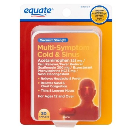 equate Maximum Strength Multi-Symptom Cold Relief Caplets y de los senos paranasales 30 ct