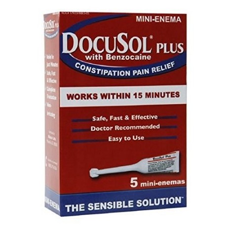 Paquete de 5 DocuSol Plus con benzocaína estreñimiento Alivio del Dolor 5 Mini enemas Cada