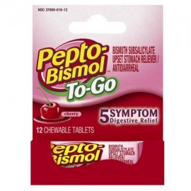 24 PACKS - To Go Portable 5 Symptom Relief Including Upset Stomach and Diarrhea Cherry Flavor Chewable Tablets 12 Count