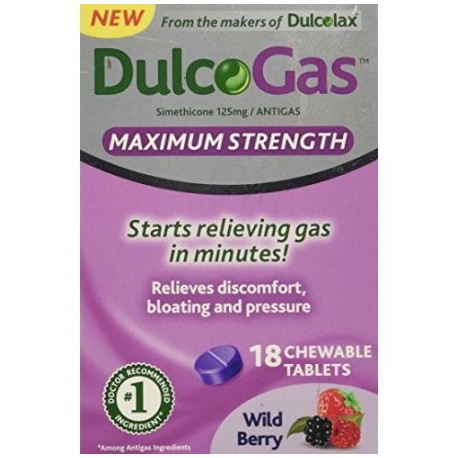 Paquete de 2 DulcoGas Maximum Strength antigas Wildberry 18 tabletas masticables Cada